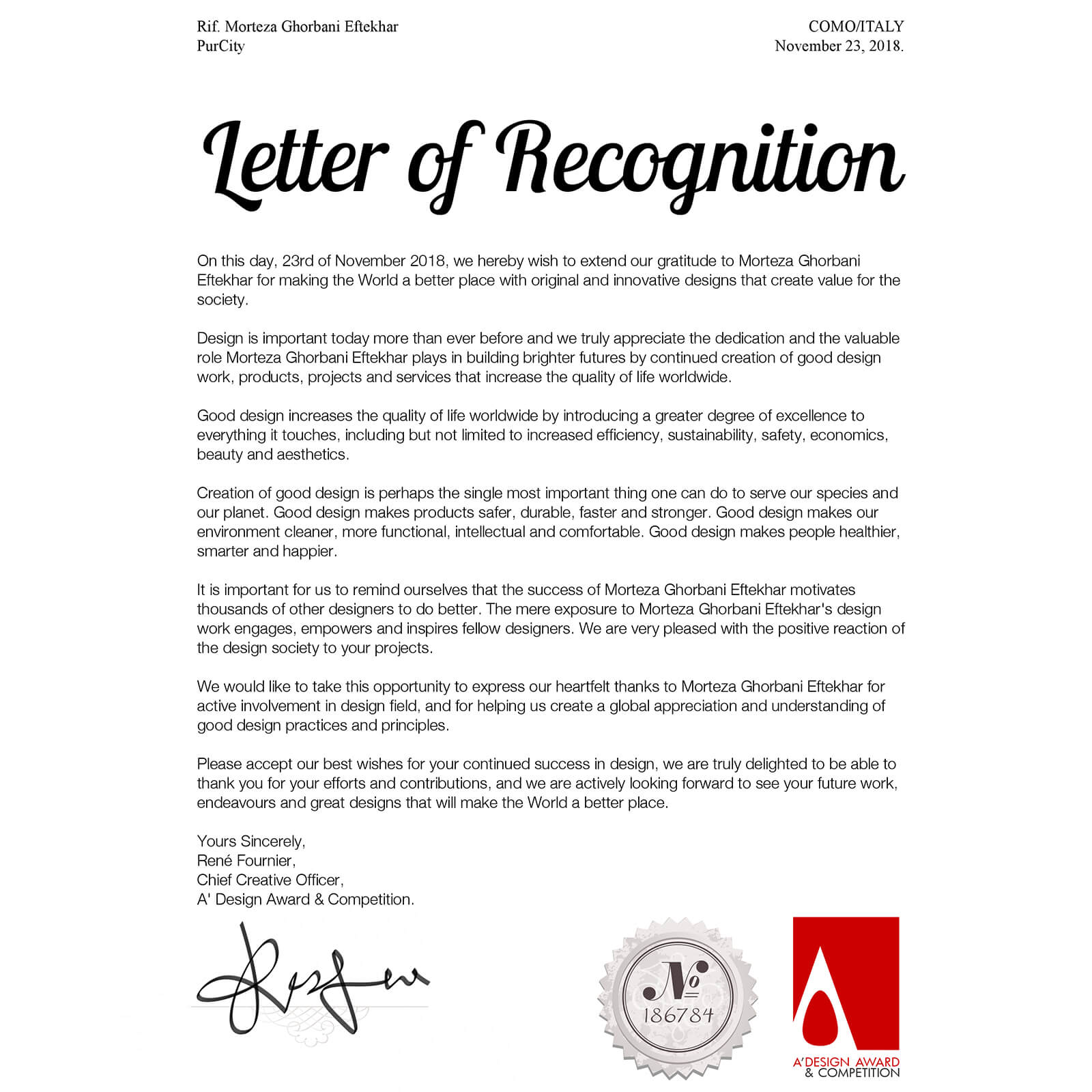 Letter of recognition by A'Design Award